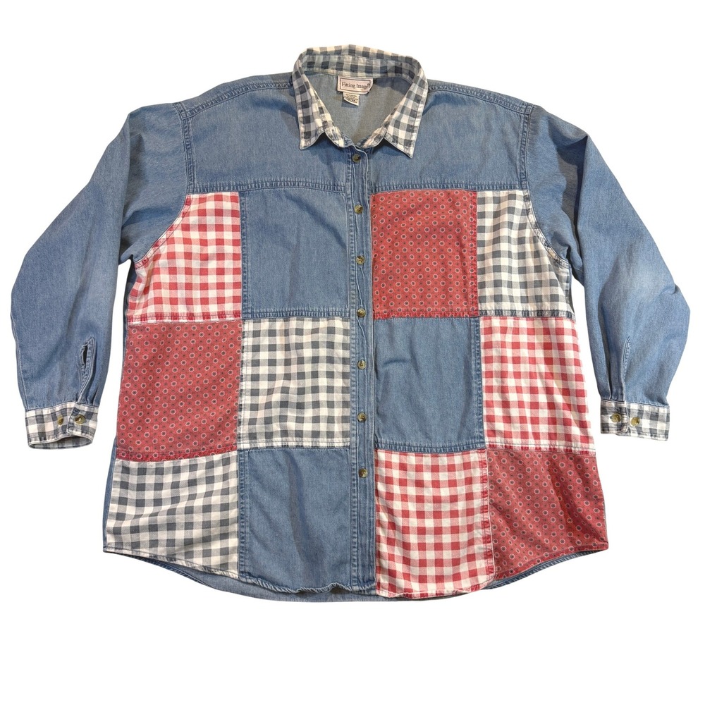 Vintage Patchwork‎ Denim Long Sleeve Button Up Shirt Women's Plus Gingham